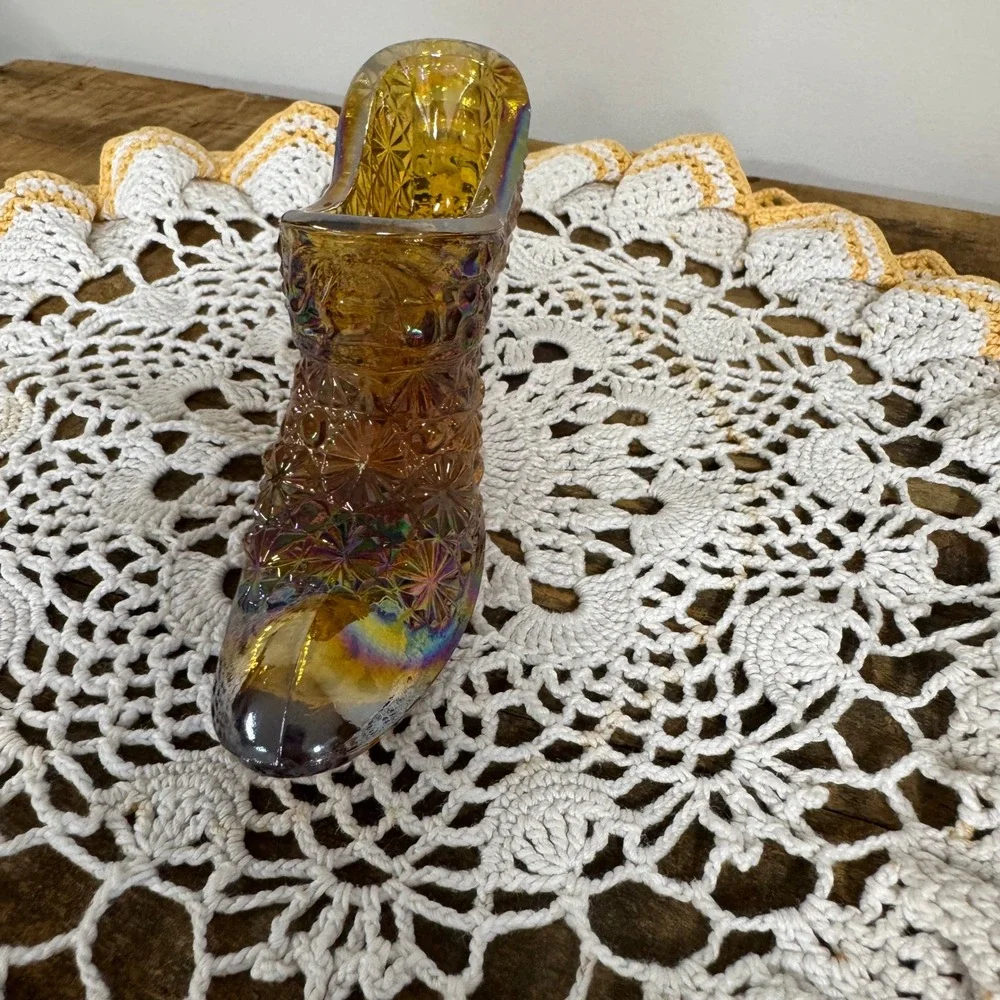 Vintage Amber Carnival Glass Slipper Daisy and Button Iridescent Boot Figurine